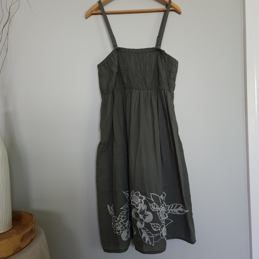 Green Smocked Dress with White Floral Embroidery